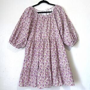 Hyacinth House Floral Cotton Babydoll Dress Purple White Size M Puff Sleeve